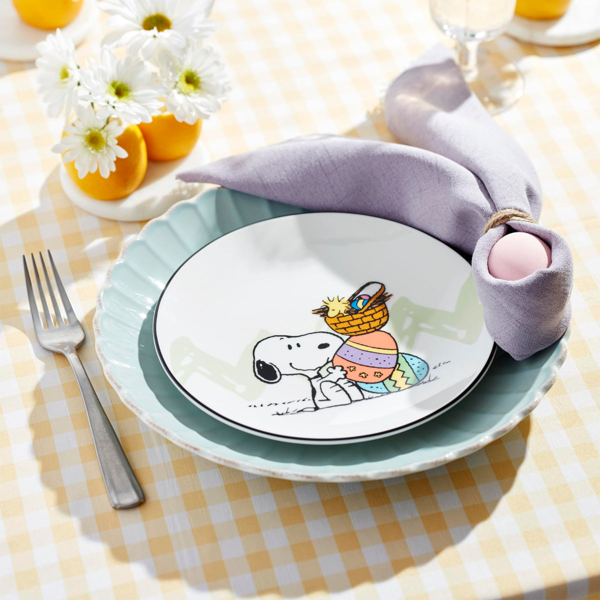 Lenox Snoopy Easter plates are microwave-safe for quick reheating.