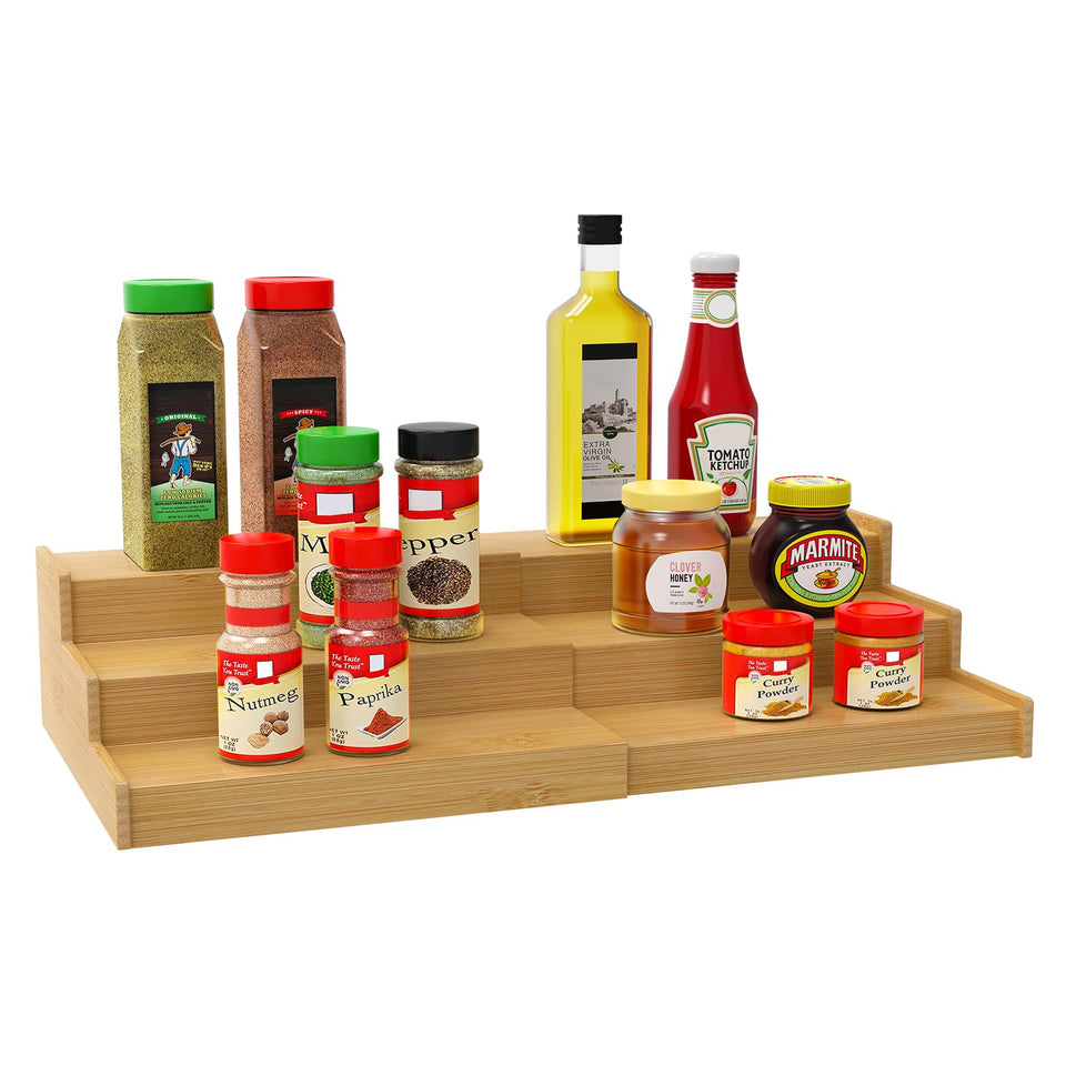 Lenwi spice rack extendable width for flexible cabinet storage and quick jar access.