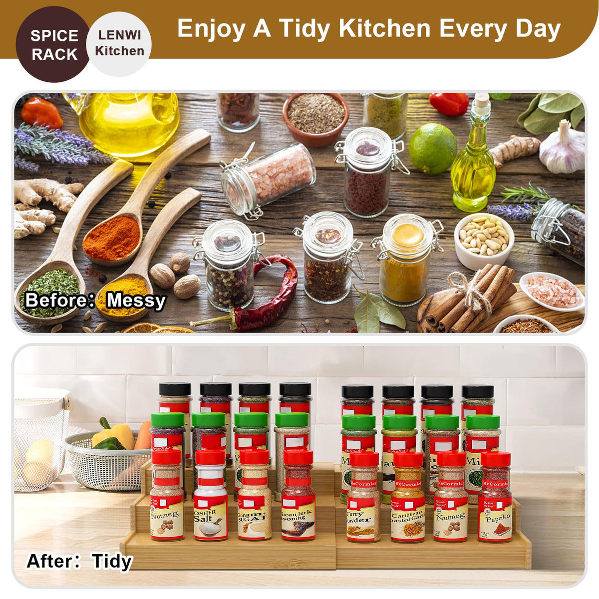 Lenwi three-tier multipurpose storage for spices, cans, or cosmetics.