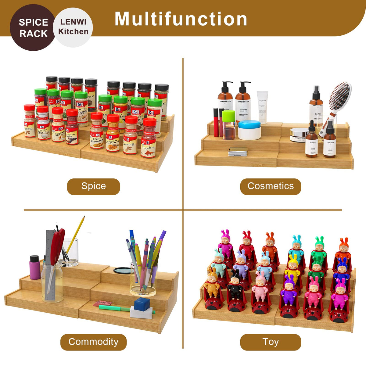 Lenwi spice rack step design helps you locate jars faster while cooking.