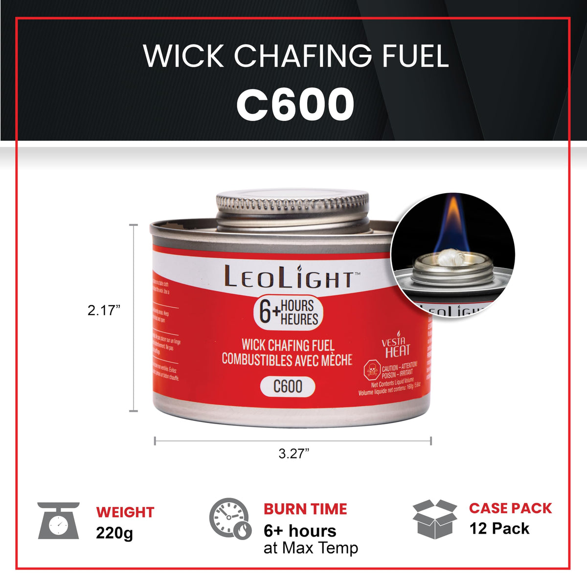 LEOLIGHT spill-proof wick ensures clean, safe use at indoor or outdoor events.