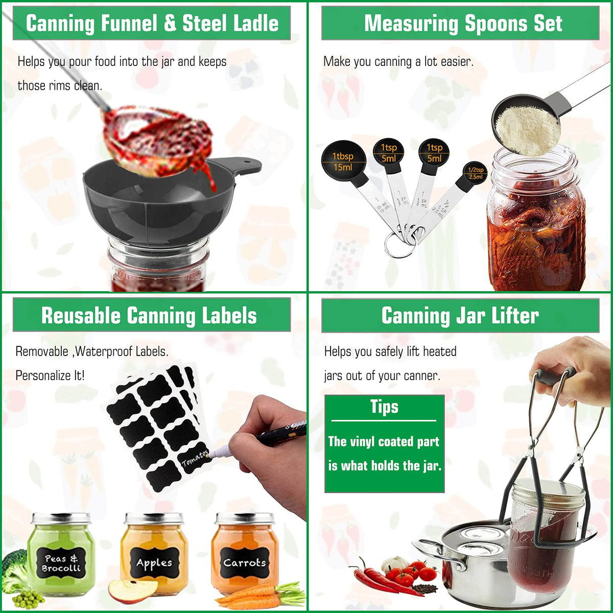 LEONICE Canning Kit 3-in-1 bubble remover supports jar headspace control.