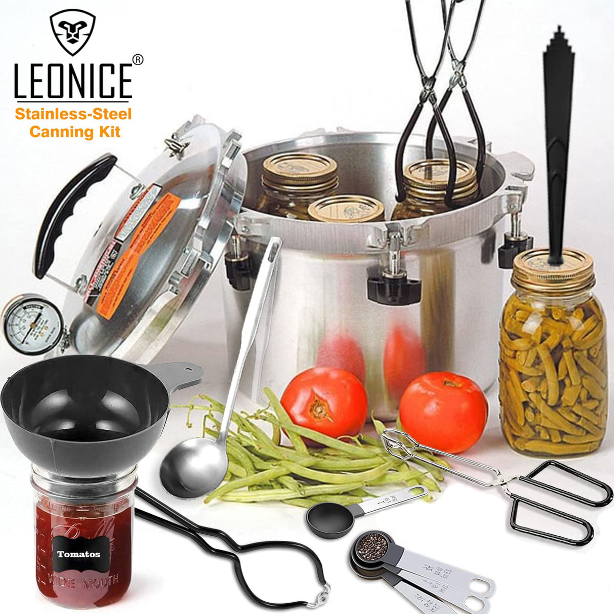 LEONICE Canning Kit jar lifter and wrench tongs for safe pot handling.