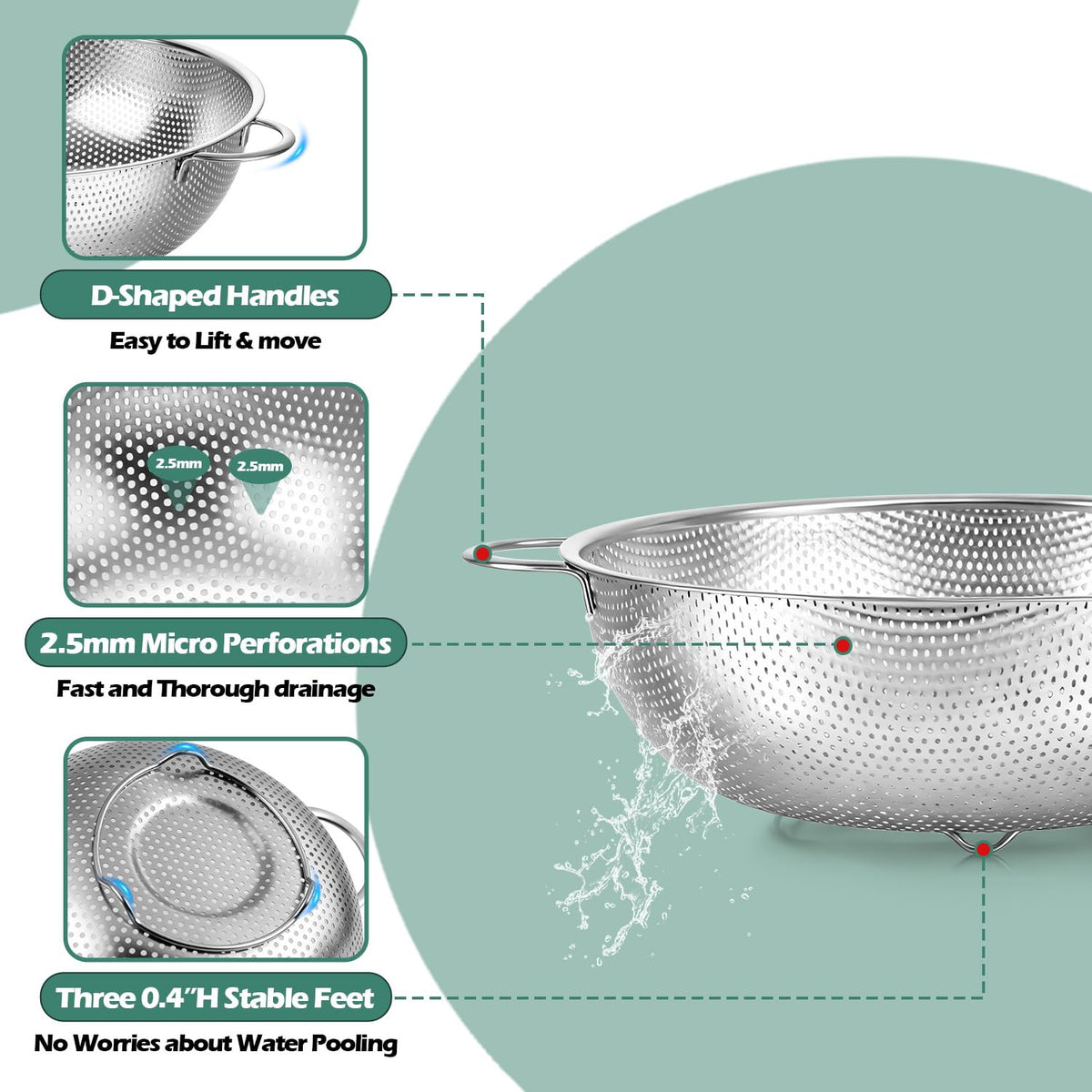 Leonyo 5qt colander ideal for large batches of pasta, fruits, and vegetables.