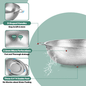 Leonyo 5qt colander ideal for large batches of pasta, fruits, and vegetables.