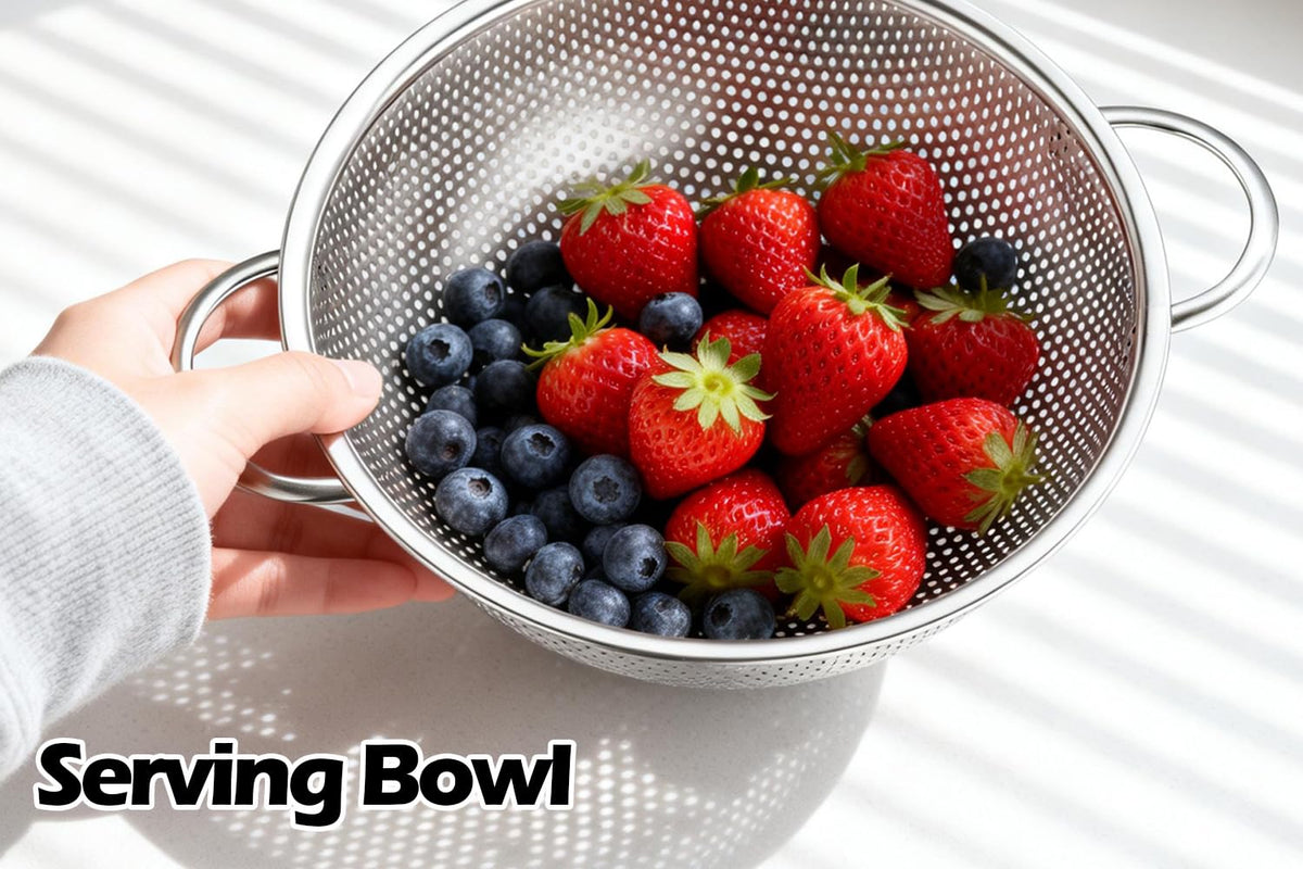 Leonyo rust-resistant stainless steel colander for everyday kitchen tasks.