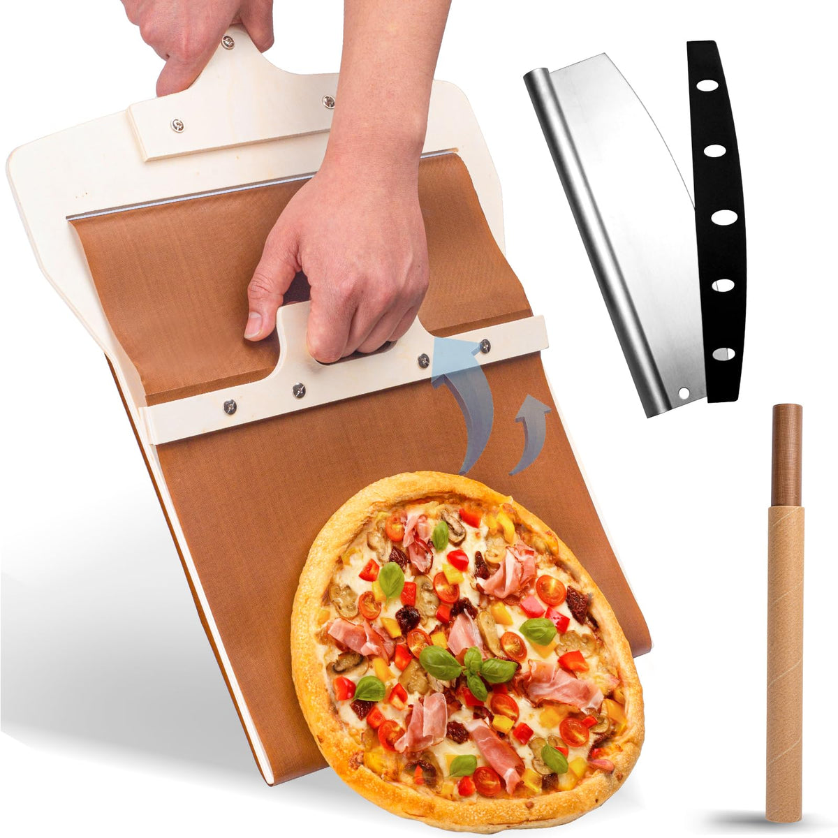Leozzo sliding pizza peel 12inch in action for effortless transfer.