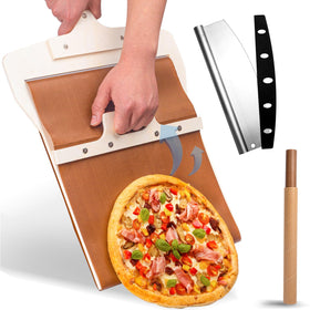 Leozzo sliding pizza peel 12inch in action for effortless transfer.