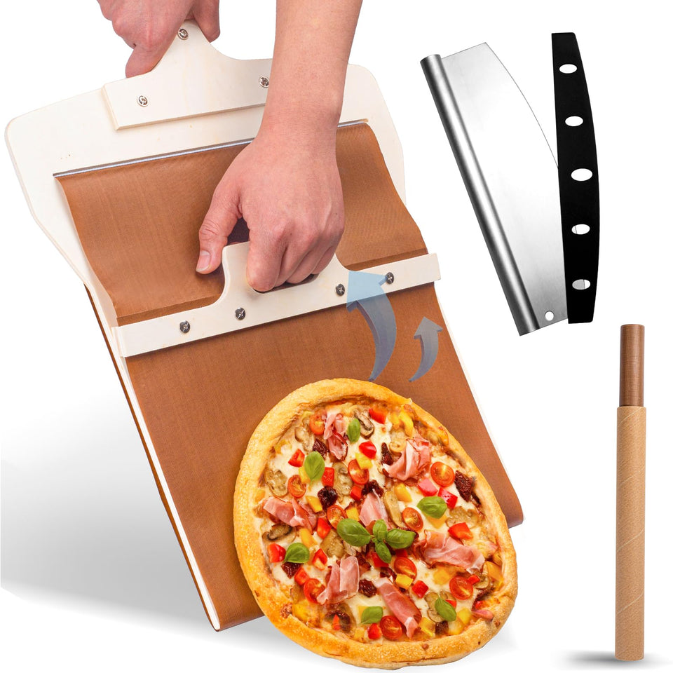 Leozzo sliding pizza peel 12inch in action for effortless transfer.