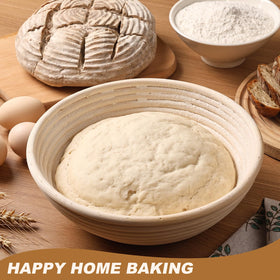 LepoHome Banneton 6-inch round basket dusted with flour for easy release.
