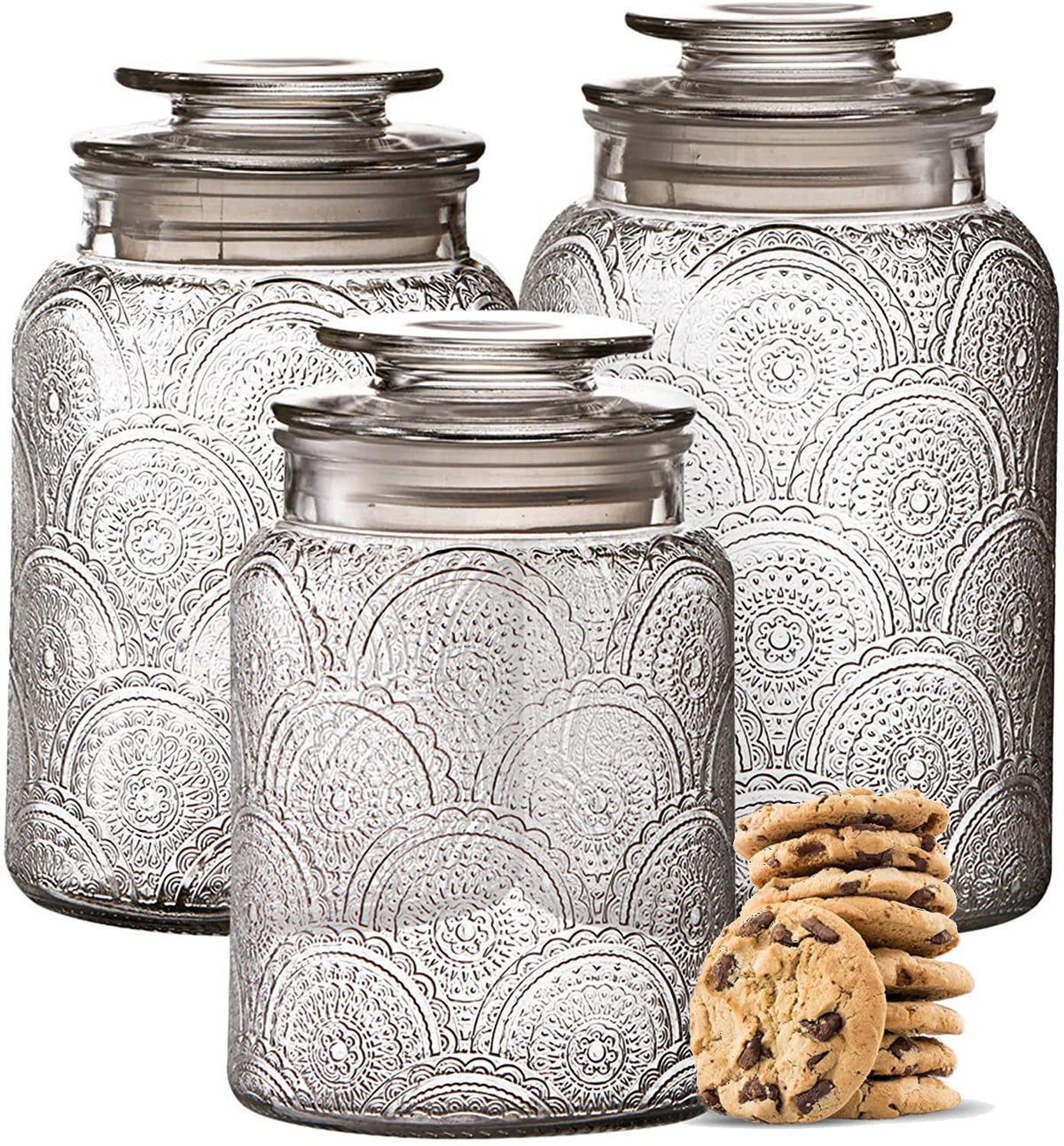 Le'raze 54 oz glass canisters on a clean counter for organized pantry storage.