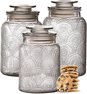 Le'raze 54 oz glass canisters on a clean counter for organized pantry storage.