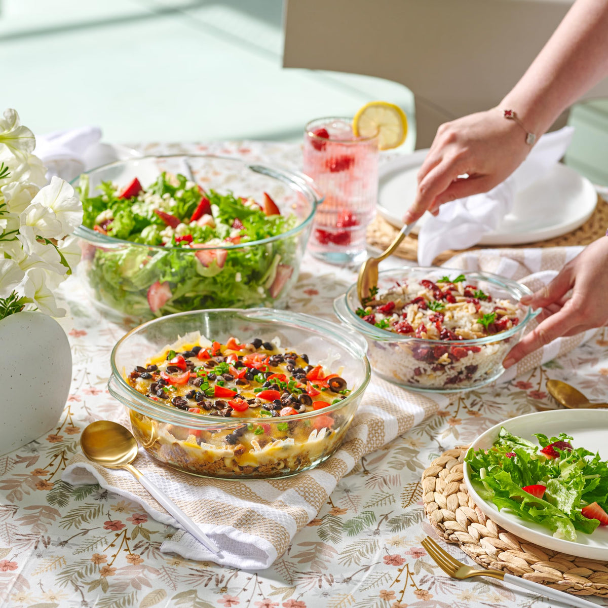 Le'raze stackable glass dishes with lids save cabinet space.