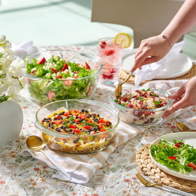 Le'raze stackable glass dishes with lids save cabinet space.