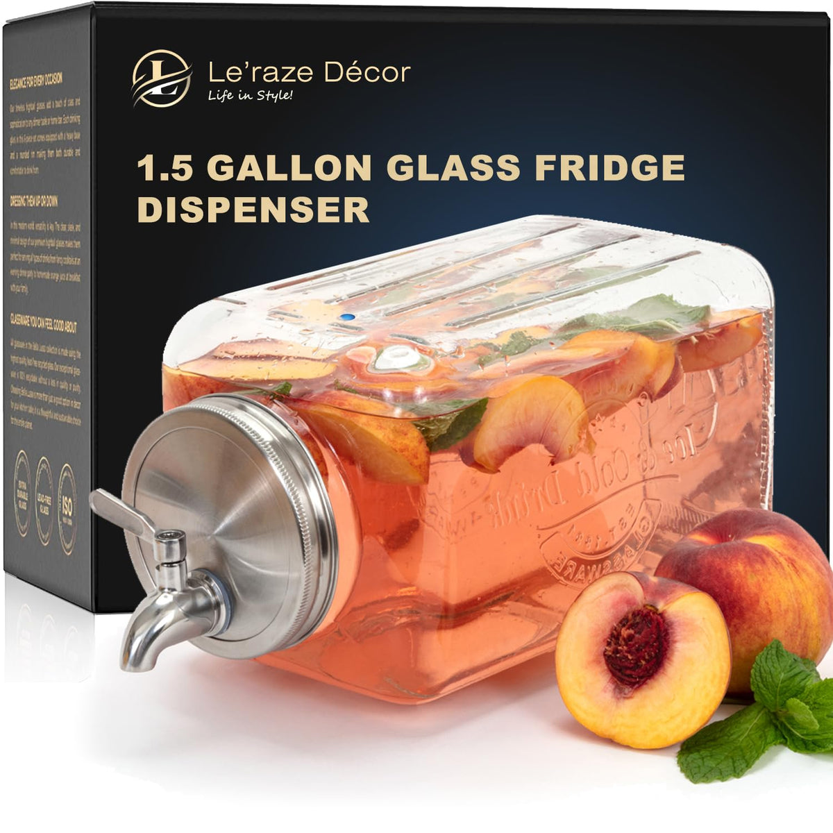 Le'raze 1.5-gallon glass dispenser with clear body for easy beverage monitoring
