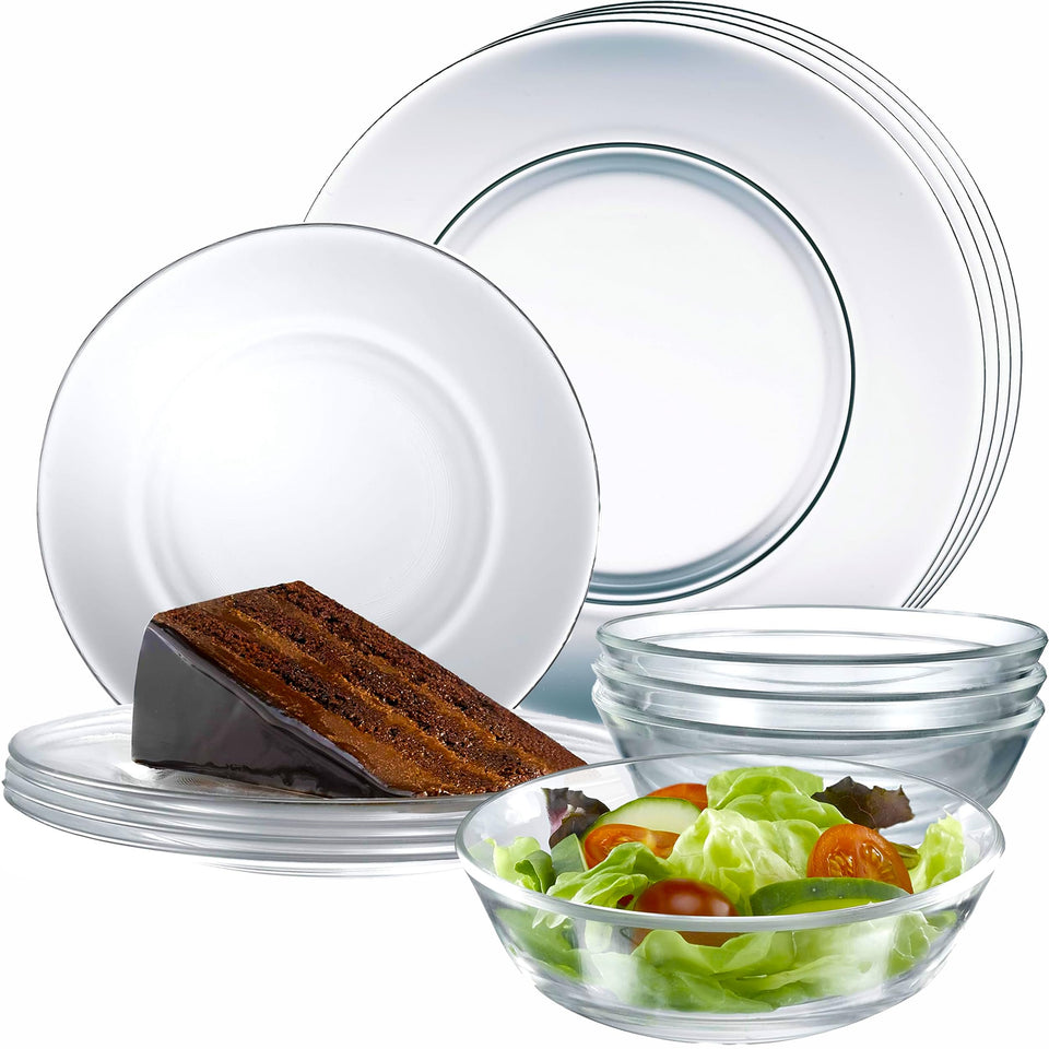 Le'raze 12pc glass dinnerware on table for a stylish tabletop display.