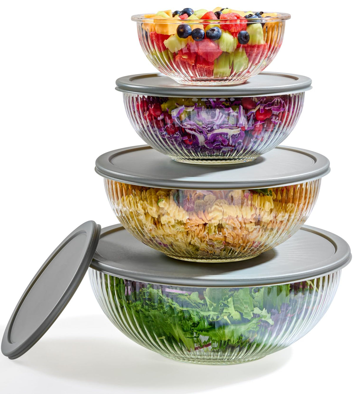 Le'raze 8pc ribbed glass mixing bowls with lids for versatile meal prep.