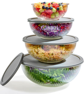 Le'raze 8pc ribbed glass mixing bowls with lids for versatile meal prep.