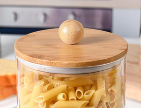 Le'raze canisters near counter for everyday pantry access.