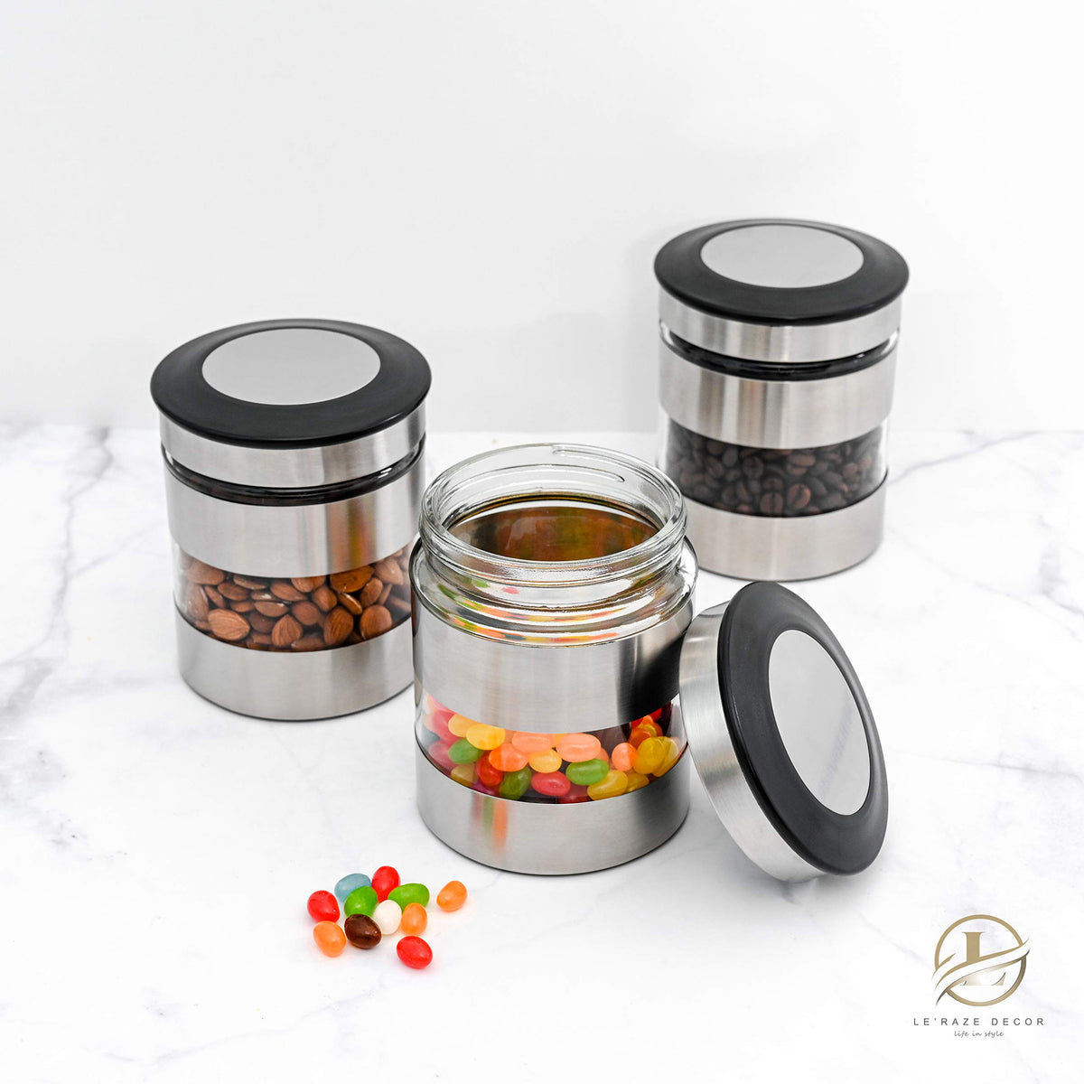Le'raze compact 4 inch diameter canisters fit neatly on a busy countertop.
