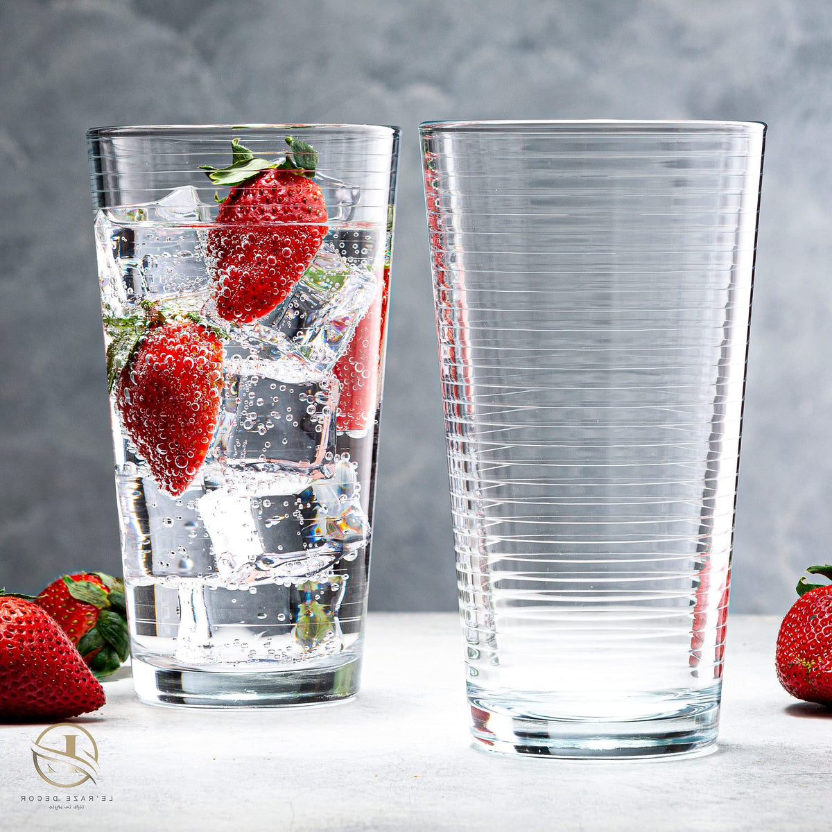 Le'raze elegant glassware suited for casual to formal entertaining.
