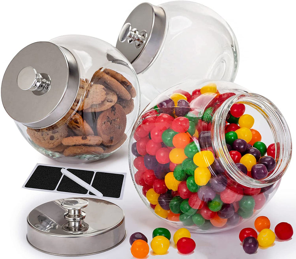 Le'raze glass cookie jar side 3pc set keeps pantry organized on the counter.