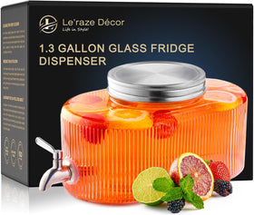 Le'raze glass drink dispenser with leakproof spigot for mess-free pours at parties.