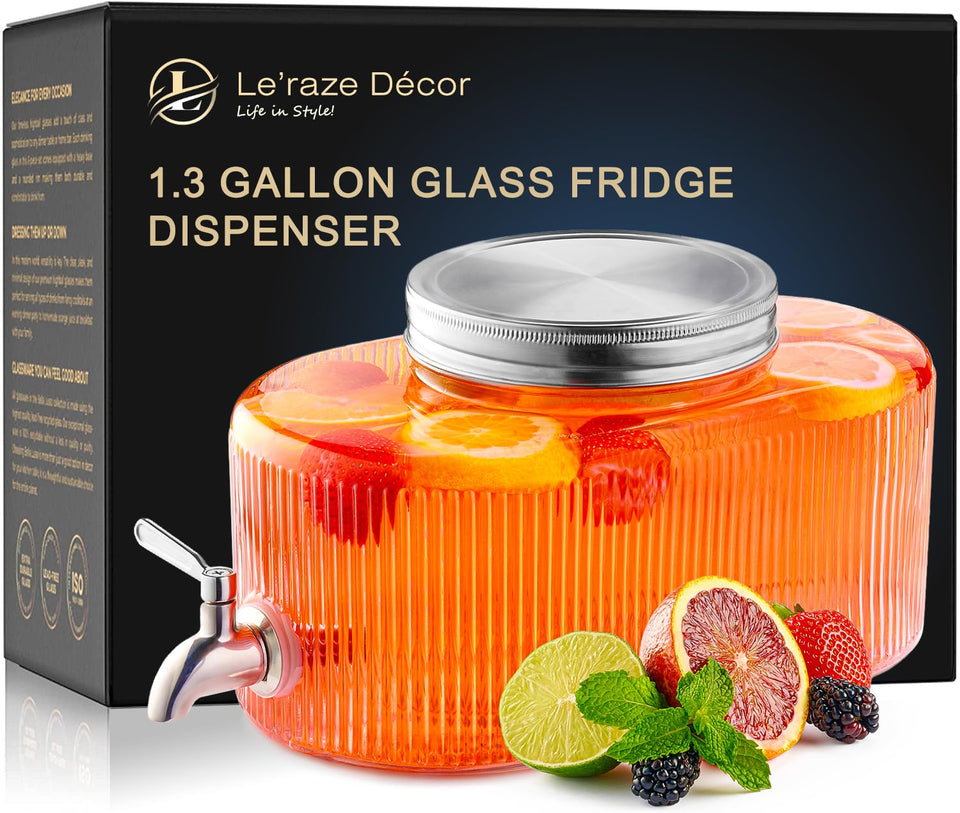 Le'raze glass drink dispenser with leakproof spigot for mess-free pours at parties.