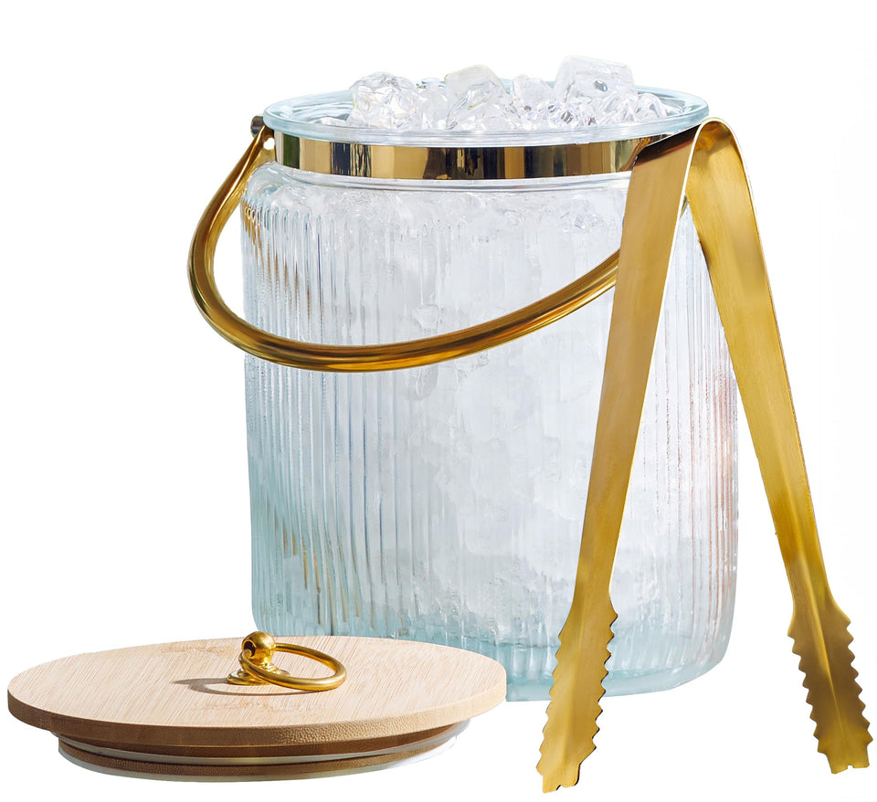 Le'raze glass ice bucket with ribbed design for elegant entertaining.