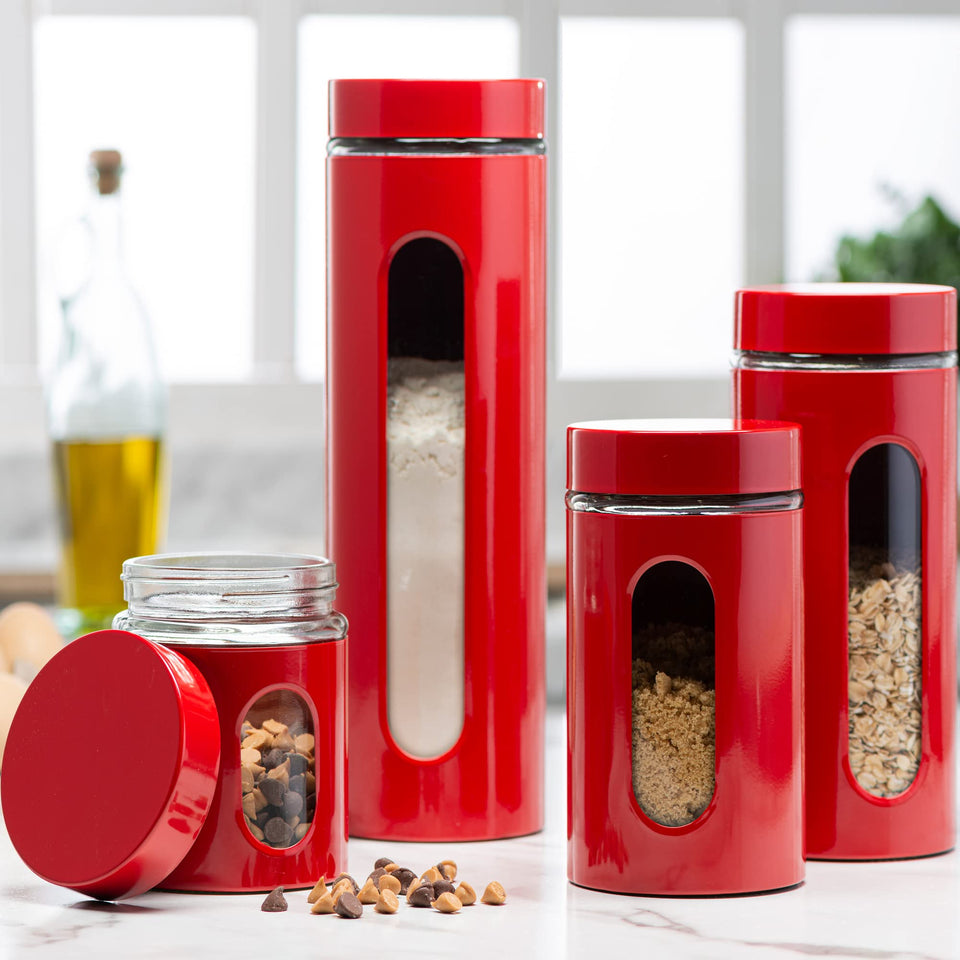 Le'raze red stainless steel canister set with glass window for quick visibility
