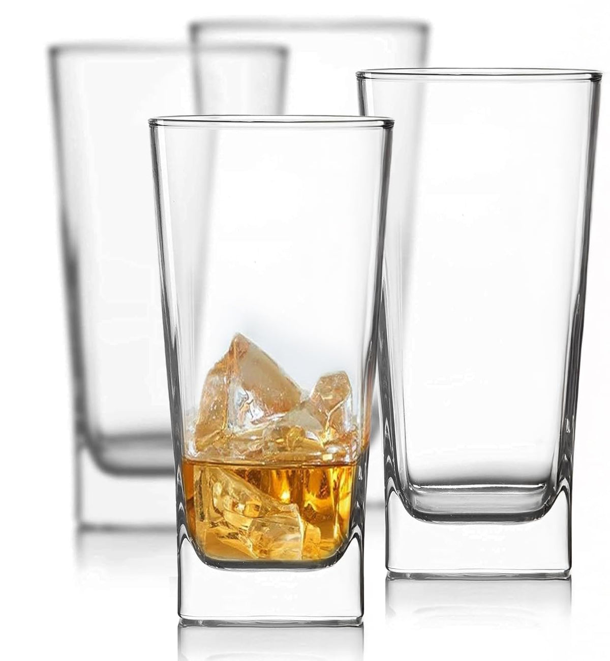 Le'raze square tall glasses showcase a sleek silhouette for cocktails and iced beverages.