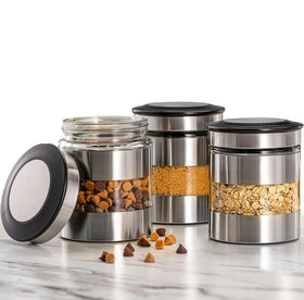Le'raze stainless steel canister set with glass window for easy content viewing.