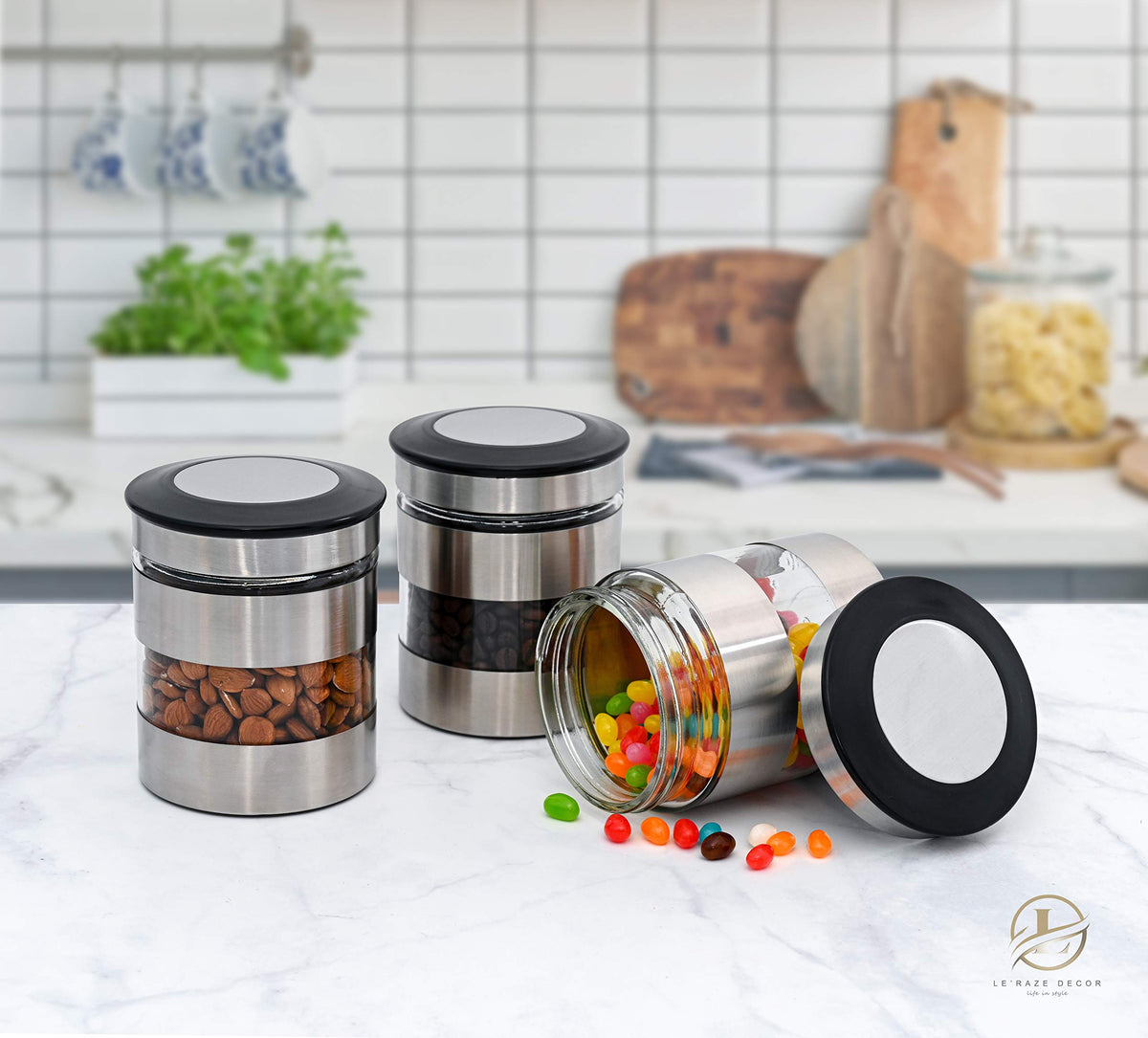 Le'raze glass-view window showing stored coffee, tea, or snacks.