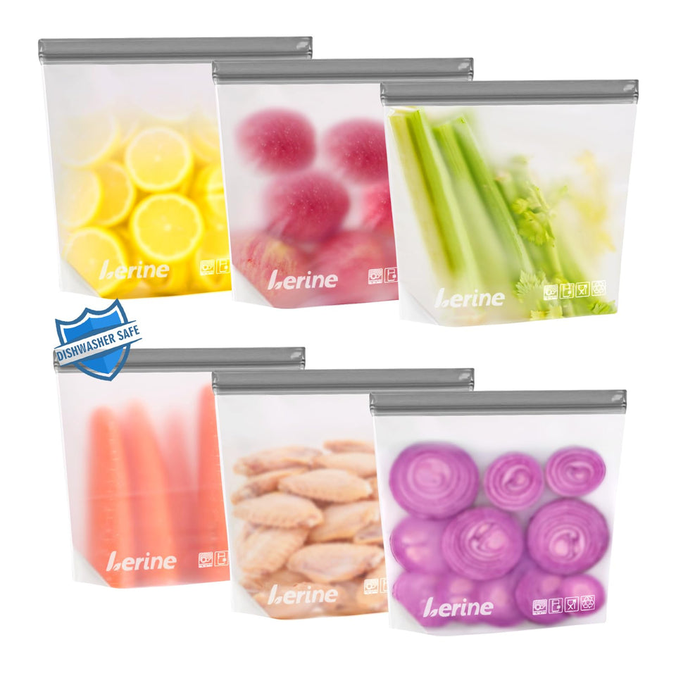 Lerine gallon freezer bags with standup base for easy filling and loading.