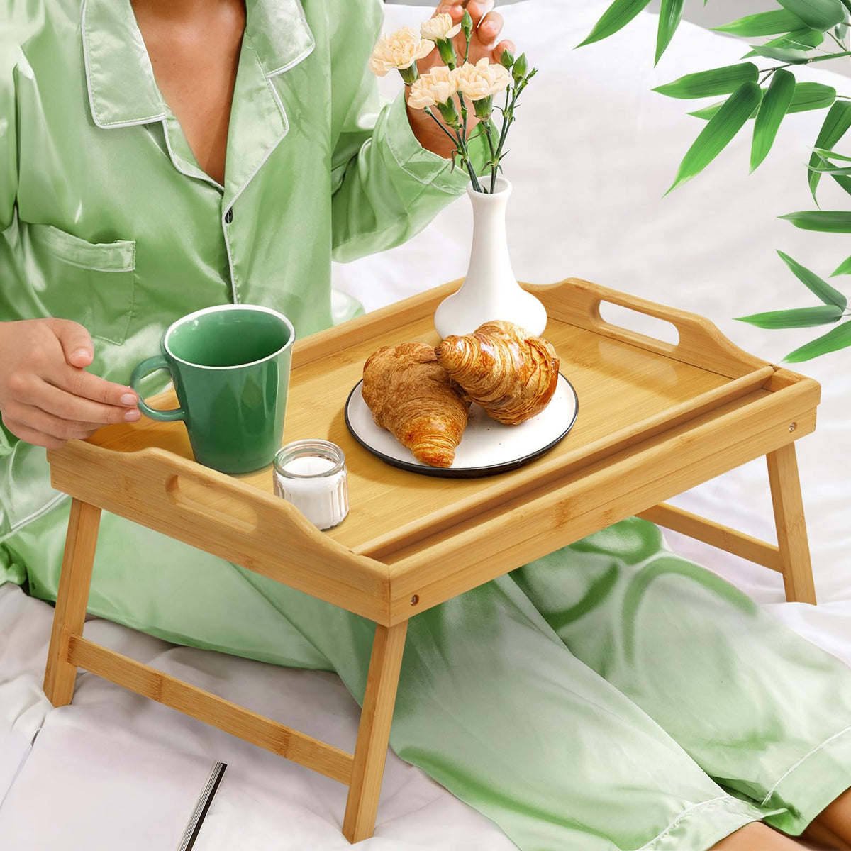 Lesnople bed tray folds flat for compact storage when not in use