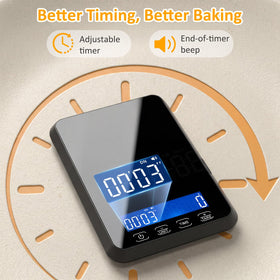 Letron scale features tare and timer for accurate container measurements and timed steps.