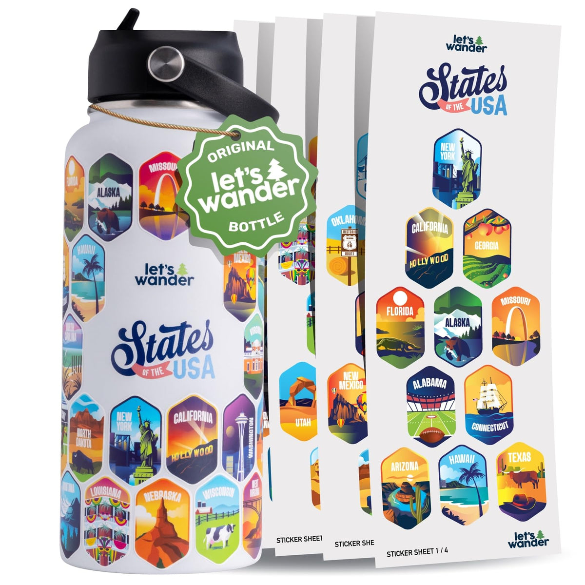 LET'S WANDER bottle front view with all 50 state designs for travel hydration