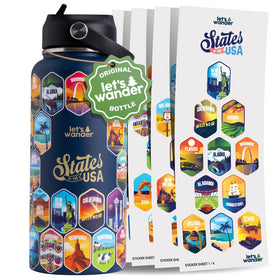 LET'S WANDER 50 States bottle with stickers showcases iconic states for travel inspiration.