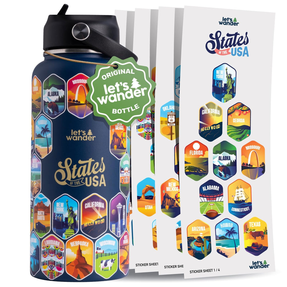 LET'S WANDER 50 States bottle with stickers showcases iconic states for travel inspiration.