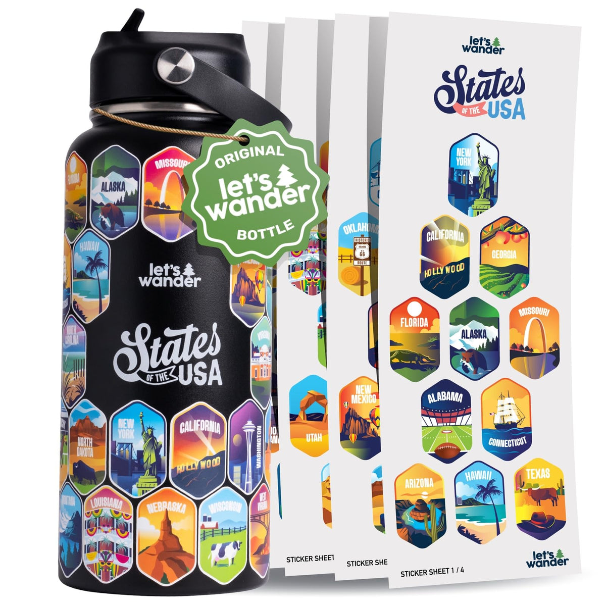 LET'S WANDER bottle with 50-states stickers showing travel-inspired state designs