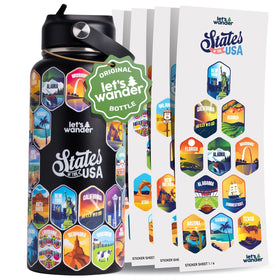 LET'S WANDER bottle with 50-states stickers showing travel-inspired state designs