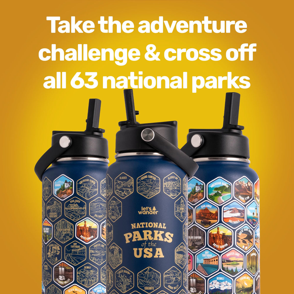 LET'S WANDER 32oz blue insulated bottle keeps drinks cold during long hikes