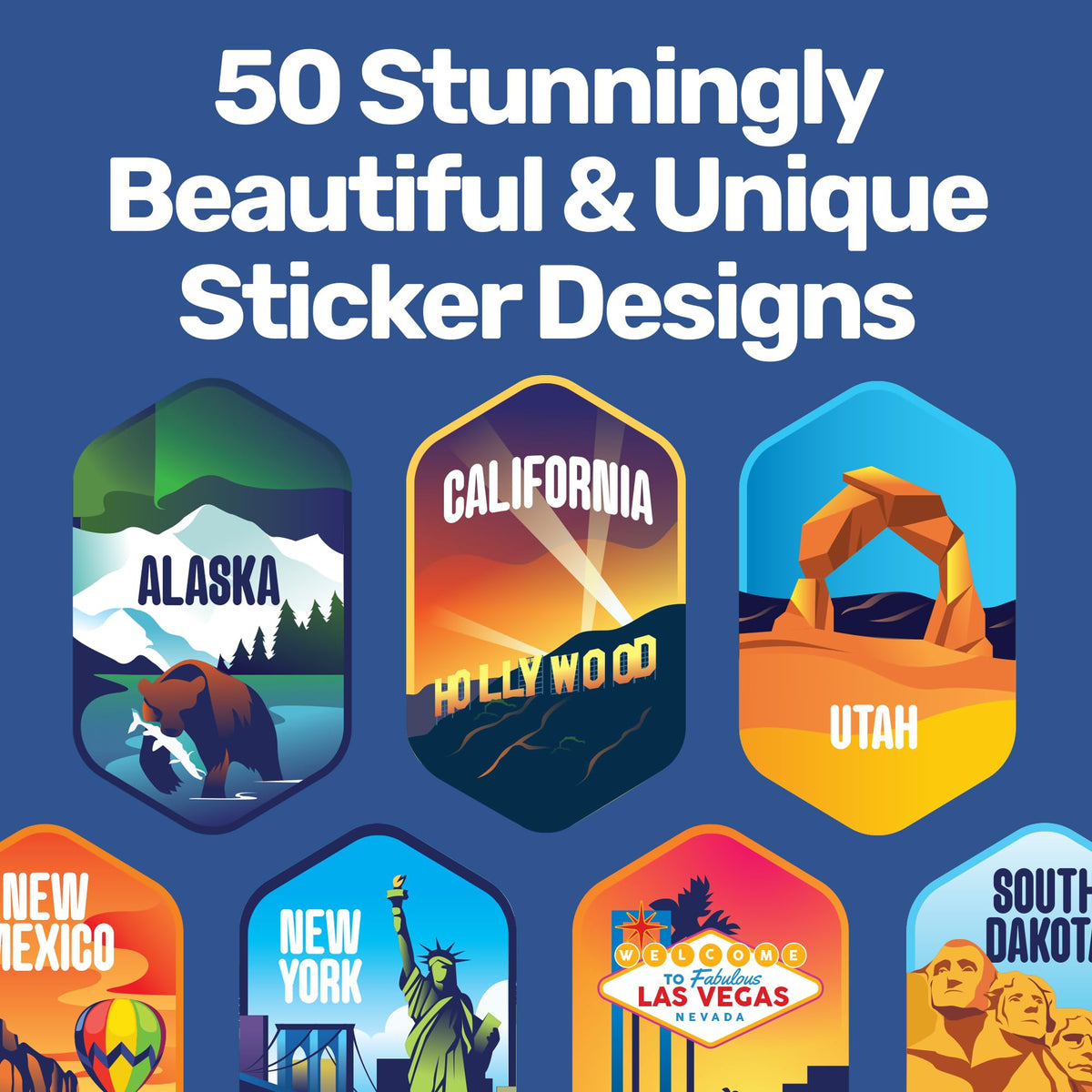 LET'S WANDER stickers closeup showing weatherproof state designs