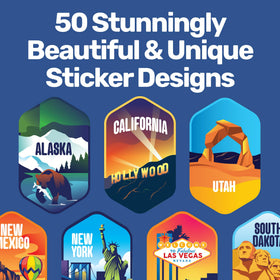 LET'S WANDER stickers closeup showing weatherproof state designs