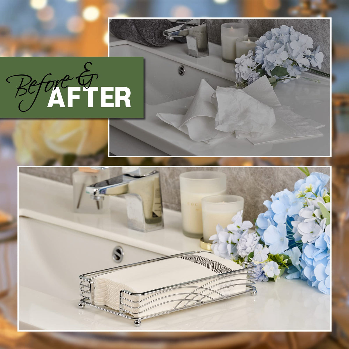LEVIMETREE silver guest towel holder tray dispense area enables easy napkin access
