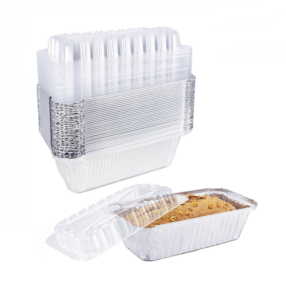 Lewarm disposable bread pans with lids ready for baking, storing, and gifting