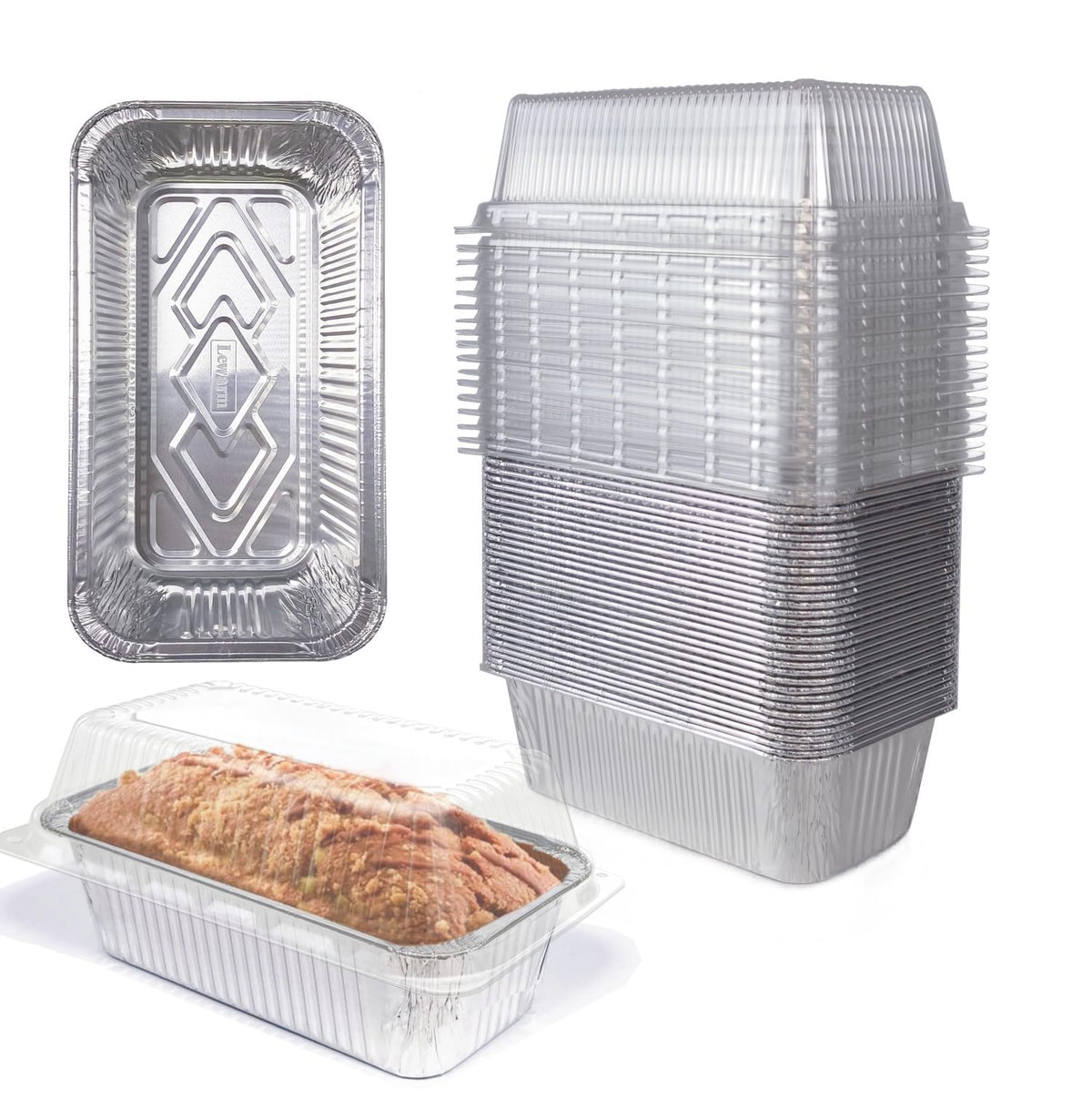 Lewarm disposable loaf pan with lid on for baking and transport