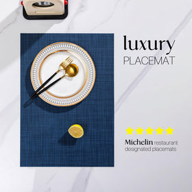 LEXMORE placemats on navy dining table highlight indoor/outdoor versatility and elegance.
