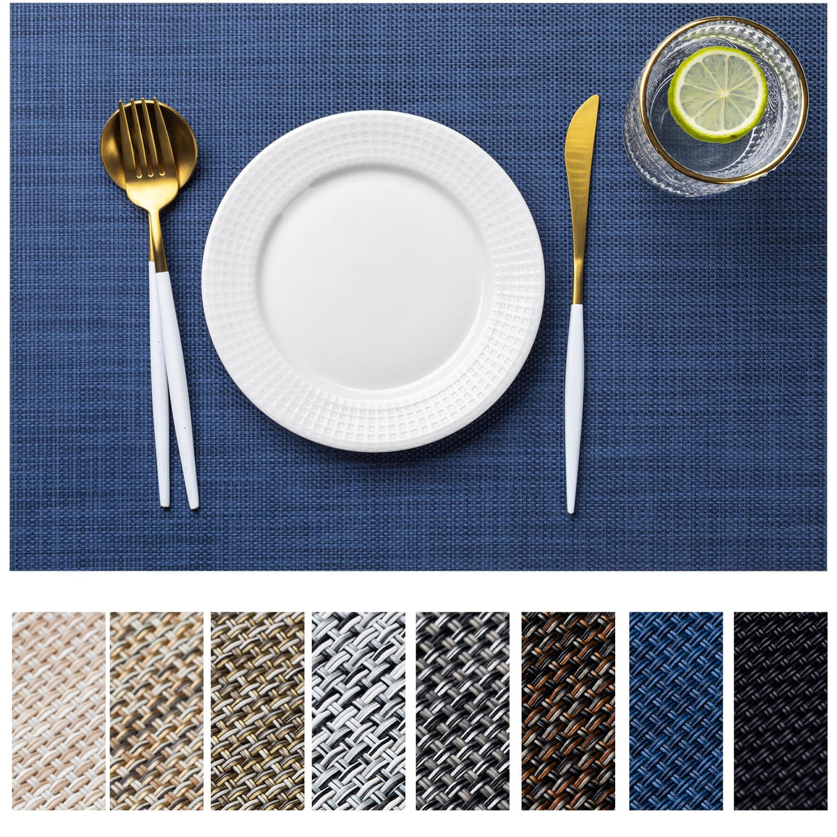 LEXMORE placemats navy blue weave close-up shows durable vinyl texture for everyday dining.