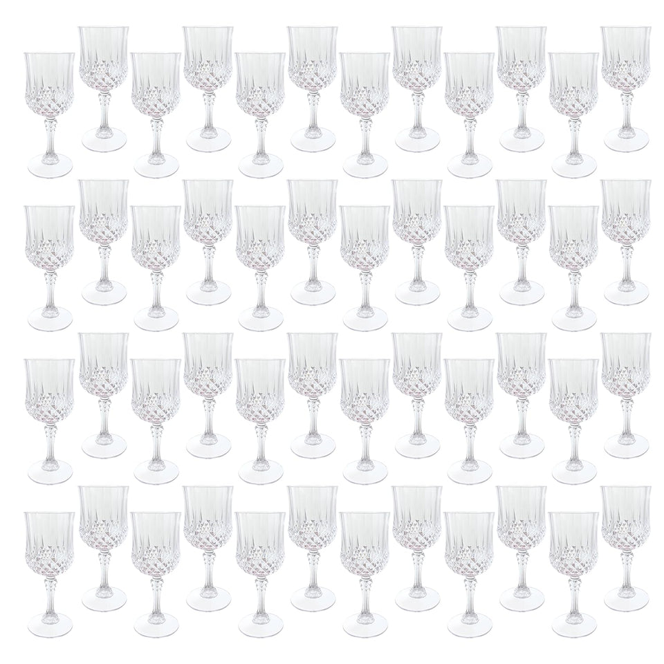 LEYIQU 48-pack transparent plastic wine glasses for elegant, budget-friendly events